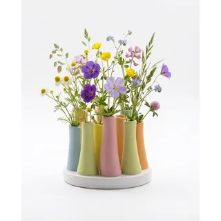Dekovase Handgefertigte kleine Keramik Deko Blumenvasen Set aus kleinen Vasen, bunt & weiß, dekorative Keramikvasen auf Sockel für Trockenblumen, hübsche Mini Vase (Vase (10er) bunt, rund - 14cm)