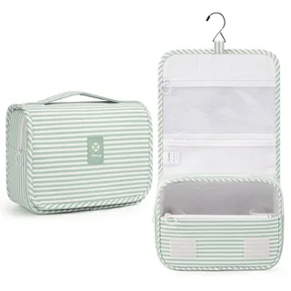 Narwey Kulturbeutel zum Aufhängen Damen Kulturtasche zum Aufhängen, Waschtasche Hanging Toiletry Bag Kosmetiktasche Schminktasche für Damen Herren (Hellgrüne Streifen)