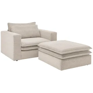Furn.Design Loveseat Set beige Cord, Loungesessel inklusive Hocker , Beige , Holz, Textil , Nachbildung , 110x83x161 cm , Wohnzimmer, Sessel, Polstersessel