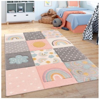 Paco Home Kinderteppich »Cosmo 962«, rechteckig, 12 mm Höhe, 3D-Design, Patchwork-Muster, Motiv Regenbogen & Punkte, Pastell-Farben bunt