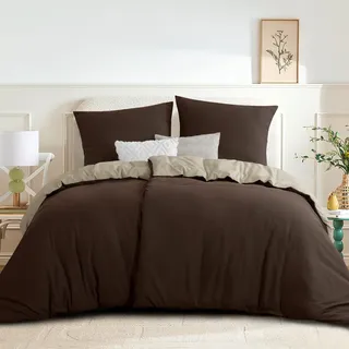 RUIKASI Bettwäsche 135x200 Braun Khaki 4teilig - Wendebettwäsche Bettbezug 135 x 200 mit Reißverschluss, Oeko-TEX Mikrofaser Bettwäsche Sets, Weich und Bügelfrei