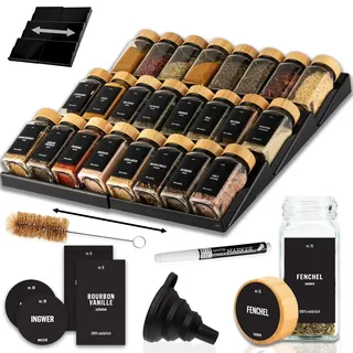 Deco haus® Gewürzregal Schublade [MIT 24 GEWÜRZGLÄSER & ETIKETTEN] - Gewürze Organizer - Gewürzeinsatz Schublade - Gewürzschublade Organizer mit Gläser - Schubladeneinsatz Gewürze