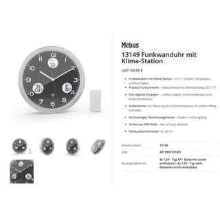 MEBUS Funkwanduhr 30,0 cm 13149 grau/silber