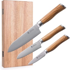 Wakoli Olive 3er Damastmesser-Set mit Klingenlängen von 8,50cm bis 17,00cm extrem scharf aus 67 Lagen I Profi Küchenmesser Set aus echtem japanischen Damaststahl mit Olivenholzgriffen