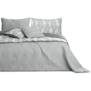AmeliaHome Tagesdecke Bettüberwurf 220x240 cm zweiseitig pflegeleicht Steppung Pflanzenmuster Grau Weiß Tropical Bonaire