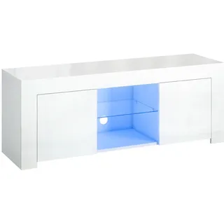 Homcom Tv-Schrank mit LED-Beleuchtung, 2 Schranktüren, Glasregal, Kabellöcher Weiß , Holzwerkstoff , Nachbildung , Rechteckig , 34x45x120 cm , Wohnzimmer, TV Möbel, Lowboards, Lowboards stehend