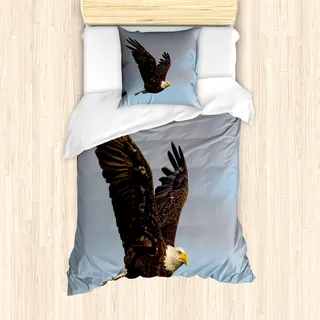 ABAKUHAUS Adler Mantele, Hunter Vogel im Open Sky, Milbensicher Allergiker geeignet mit Kissenbezügen, 135 cm x 200 cm - 80 x 80 cm, Dunkelgelb Hellblau - Hellblau