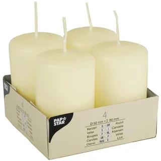 4 Stumpenkerzen Elfenbein Ivory mit Flachkopf, Crème, Ø 50 x 80 mm (Packung mit 6)