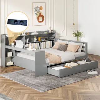 MODFU Schlafsofa Holzbett Kinderbett Jugendbett, 140*200 cm, Mit Schreibtisch Bücherregal Ablagefächern und Regalen, Mit Steckdose, Mit 2 Ablagefächern, Grau ohne Matratze - Grau