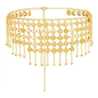 Pandalein Damen Gürtel Mode Taillengürtel Metall Kettengürtel Fransen Bauchtanz Gürtel Münzgürtel Verstellbare Hüftkette Taillenkette für Kleider (Gold)