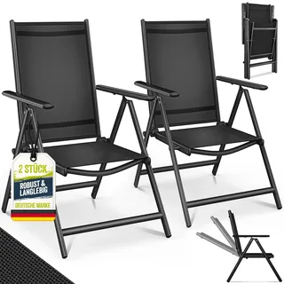 tillvex Gartenstuhl Premium 2 Stück Schwarz klappbar aus Aluminium | Hochlehner mit Armlehnen | Klappstuhl verstellbar | Klappsessel Balkon Garten Terrasse - Schwarz