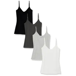 Amazon Essentials Damen Strick-Lagen-Camisole mit V-Ausschnitt in schmaler Passform (erhältlich in Übergrößen), 4er-Pack, Dunkelgrau Meliert/Hellgrau Meliert/Schwarz/Weiß, M