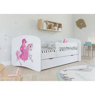 Kinderbett Jugendbett 80x180 cm Weiß mit Matratze Rausfallschutz Schublade und Lattenrost Kinderbetten für Mädchen und Junge - Prinzessin auf dem Pony - Weiß