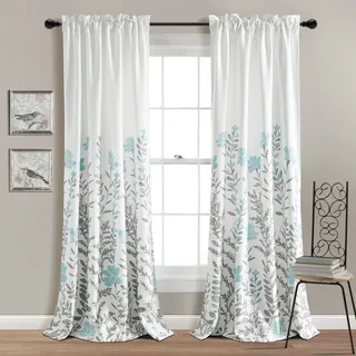 Lush Decor, Aprile, lichtdurchlässige Fenstervorhang-Paneele, Paar, 132 cm B x 213 cm L, blau und grau - Blumenvorhänge - hübsches blaues Blumenmuster, französischer Landhaus- und Bauernhausstil,