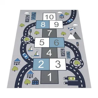Paco Home Kinderteppich »Bino 565«, rechteckig, 4 mm Höhe, Kurzflor, Straßen-Spiel-Teppich & Spielmotiv Hüpfkästchen grau