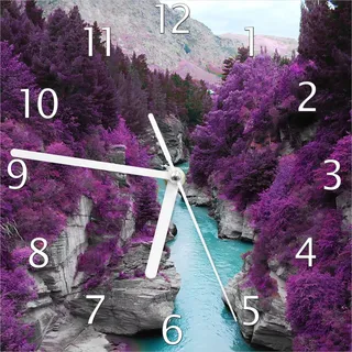 Wallario Design Wanduhr Fluss in lilafarbener Schlucht aus Echtglas, Größe 20 x 20 cm - Rosa