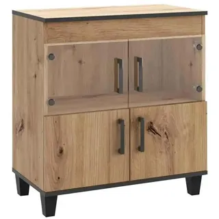 Kommode Vitrine P6 mit Glastüren & Holztüren, Sideboard in Loft Stil, Eiche Artisan - Braun, Schwarz