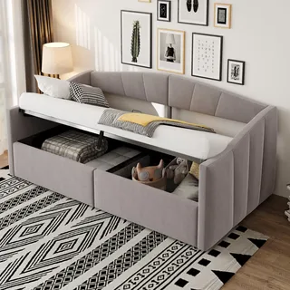 okwish Schlafsofa 90x200 Tagesbett mit Bettkasten,Einzelbett Kinderbett mit klobiger Rückenlehne und Armlehnen,Daybett mit Lattenrost,Hellgrau(ohne Matratze) - Hellgrau