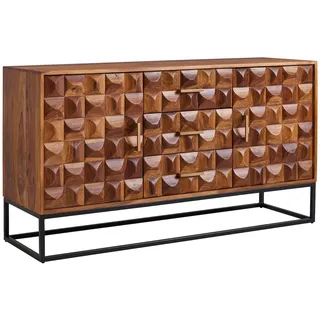 FineBuy Sideboard 145cm Sheesham Kommode mit 2 Türen & 3 Schubladen Retro 3D Design