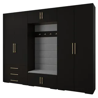 Abiks Möbel Garderoben-Set 236,7/300/47 , Schwarz, Grau, Goldfarben , Metall , Nachbildung , 14 Fächer , 300x236.7x47 cm , Garderobe, Garderoben-Sets & Garderoben-Serien, Garderoben-Sets