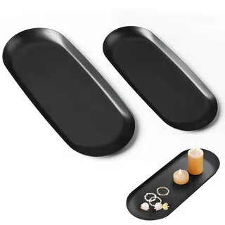 2 Stück Deko Tablett Schwarz, Edelstahl Tablett Oval