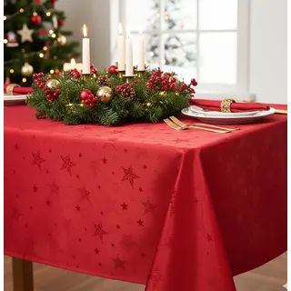 KAMACA Lotus Effekt Tischdecke Magic Stars mit Sternen Motiv - Fleckschutz Flüssigkeiten perlen einfach ab farb- & formstabil stilvoller Glanz für Advent & Weihnachten (Tischdecke 150x250 cm, Rot)