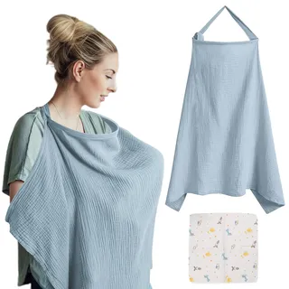 VEGCOO Stilldecke, Stillschal mit verstellbaren Trägern, 360 Grad vollständige Abdeckung, bequem und atmungsaktiv, Stillschicht mit Handtuch für Sabbern, Hellblau