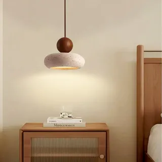 LED Hängeleuchte Gelber Travertin Pendelleuchte Wabi-Sabi Stil Massivholz Runde Kugel Hängelampe Aus Naturstein Klein Kronleuchter Für Bar Schlafzimmer Wohnzimmer Esszimmer Nachttisch Pendellampe(B)