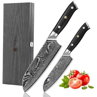Wakoli Nitoko Damastmesser Set 2-teilig Santoku 18 cm & 12,5 cm, 67 Lagen Damaststahl, Full Tang, G10 Griff, extrem scharfes Profi Küchenmesser Set inkl. Geschenkbox & Fingerschutz
