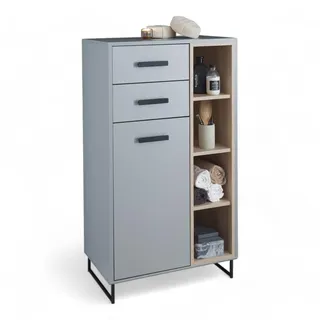 Stella Trading Tunis Badezimmer Kommode in Grau/Eiche Sonoma Optik - Badezimmerschrank Bad Schrank mit viel Stauraum - 65 x 116 x 38 cm (B/H/T)