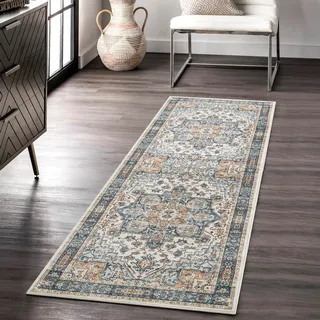 Carvapet Läufer Teppich 60x180cm rutschfest Lang Teppichläufer Waschbar Mikrofaser Vintage Medaillon Blau Teppich Flächenteppich Laufteppich