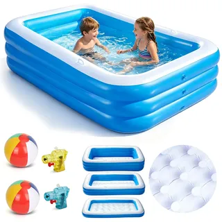 Beeoecm Planschbecken für Kinder, Aufblasbarer Planschbecken Rechteckig mit 2 Beachball und 2 Mini-Wasserpistole, Verdickter Swimmingpool Kinder für Garten, Outdoor, Sommer-Wasserpartys (Blau)