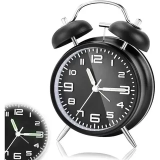 Doppelglockenwecker, Wecker im Vintage-Stil, geräuschloser analoger Wecker mit Nachtlicht und Leuchtzeigern - Schwarz