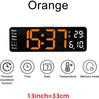 Große digitale LED-Wanduhr, Fernbedienung, Temperatur, Datum, Wochenanzeige, Speichertabelle, an der Wand montiert, zwei elektronische Wecker, 13 ZOLL, orange - Orange