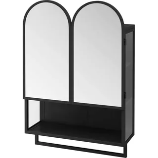 AIORBER 60 cm Moderner Doppelbogen Spiegelschrank mit 2 Türen, Wandmontage Badezimmerschrank mit Regal und Handtuchhalter, Schwarz Weiß - Schwarz
