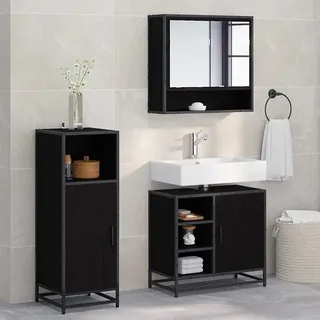 Badmöbel Set 3 Teilig Schwarz Eichen Optik aus Holzwerkstoff mit Spiegelschrank, Waschtischunterschrank, Hochschrank und Stauraum für Bad, Gäste WC, Moderne Ordnung