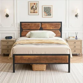 VECELO Bettgestell 90x200 Bettrahmen mit Holz Kopfteil, Metall Lattenrost und 31cm Stauraum, Industrial Design, stabil und geräuschlos für Jugendzimmer und Gästezimmer, Braun