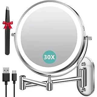 Auxmir Kosmetikspiegel mit Beleuchtung, 1X/30X Wiederaufladbar Schminkspiegel, 3200mAh Rasierspiegel Wandmontage, Dimmbar Vergrößerungsspiegel mit 3 Lichtfarben, 360° Drehbar für Badezimmer