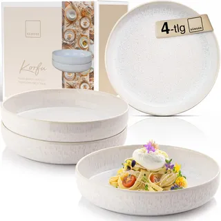 sänger Korfu | Steingut Pastaschalen 4 tlg, Nudel Schalen Set 4 Personen, Schüssel Set spülmaschinenfest mikrowellenfest, große Schüssel Creme mit sandiger Maserung 850 ml | PREMIUM COLLECTION