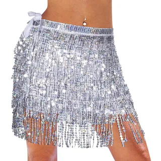 Monbessi Glitzer Rock Damen Pailletten Rock Stilvoll Glitzer Rock Karneval Fransen Rock (Silber)