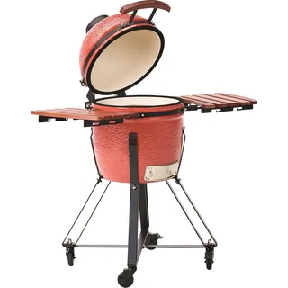 BELIANI Holzkohlegrill Rot aus Keramik Kamado Stil auf Rollen mit Deckel Thermometer Grillrost Outdoor BBQ Gartenzubehör Standgrill - Rot, Schwarz, Braun