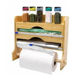 ELECTROHOGAR Wandrollenhalter | Küchenrollenhalter, Gewürzregal und Folienschneider | 4 Funktionen in 1 | Möbel aus Holz mit Ablage