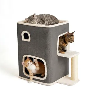 Relaxdays Katzenhaus 2-stöckig, Katzenhöhle mit Ball & Kratzbaum, grau | HxBxT: 58x57,5x35 cm, Tierhöhle indoor, Stoff