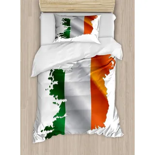 ABAKUHAUS Irland Karte Bettbezugs Set für Einzelbetten, Irish Pride-Flaggen-Farben, Milbensicher Allergiker geeignet mit Kissenbezug, 130 x 200 cm,Mehrfarbig Weiß