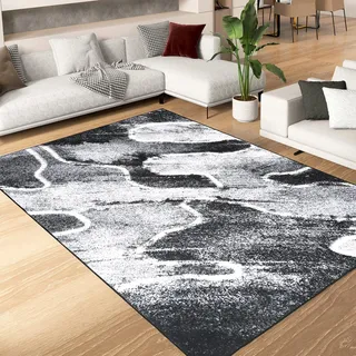 Alishomtll Läufer Flur Teppich rutschfest, Kurzflor TPR Wohnzimmer Küchenläufer Schlafzimmer Läufer Waschbar Schmutzabweisend Modern Flur Teppich Läufer für Küche Innen, Schwarz Grau 140x220 cm