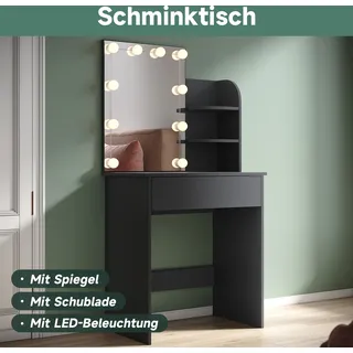 SONNI Kompakter Schminktisch Schwarz, dreifarbige Glühbirne, einstellbare Helligkeit, 70 x 40 x 140 cm - Schwarz