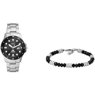Fossil Herrenuhr Blue Dive und Armband-Schmuck, silberfarbener Edelstahl, Set