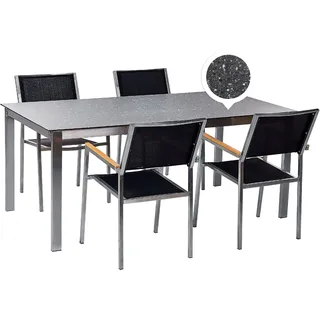 BELIANI Gartenmöbel Set 7-Teilig Schwarz Edelstahl 4 Stühle Polyester Tisch 180x90 cm Sicherheitsglas Keramik Gartenausstattung Terrasse Outdoor Indoor - Schwarz, Silber
