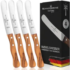 Schwertkrone Buckelsmesser 4er Set - Das originale Frühstücksmesser aus Solingen - Edelstahl, rostfrei, Dünschliff, Olivenholz - Brötchenmesser