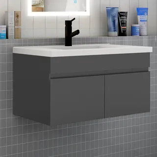 Badezimmer Badmöbel 80 cm Keramik Waschtisch mit Unterschrank Hängeschrank Badezimmerschränke Badschrank mit 2 Türen Anthrazit - Dunkelgrau